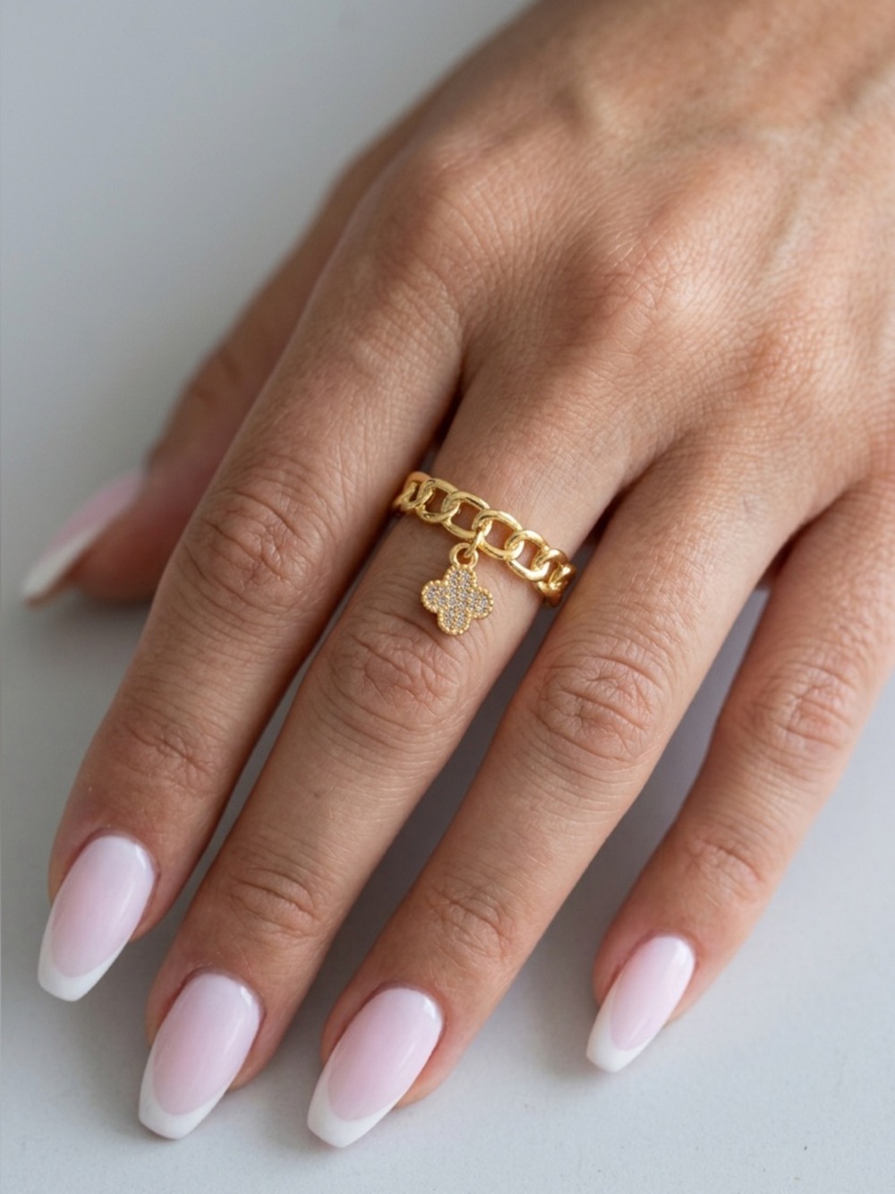 67: Stainless steel adjustable with cubic zirconia Ring with Pave Clover Charm